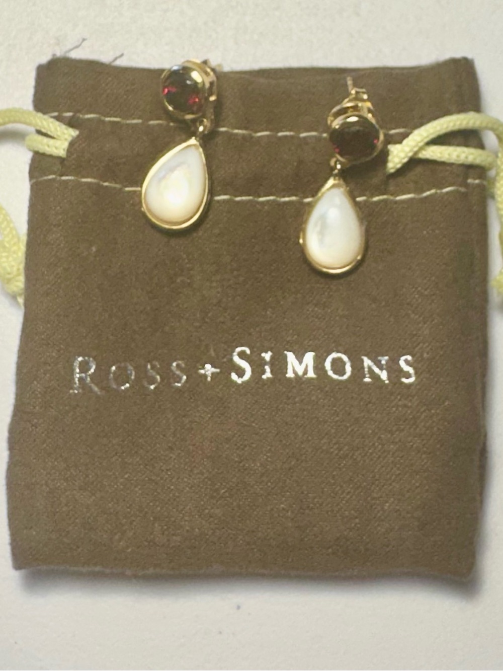 Ross-Simons Golden Drop Earrings with White Pearlescent Teardrops and Red Stones